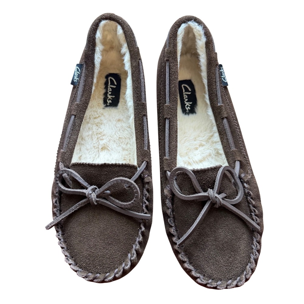 Clarks Suede‎ Moccasin Slipper Womens Size 9 Brown Faux Fur Lined Loafer Shoes